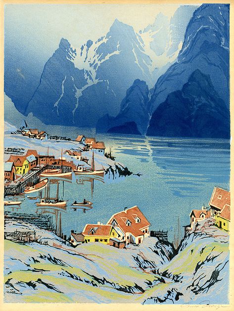 (Fjord, Norwegian fishing village) by Paul Oscar Droege Salon Style, Abstract Expressionist, 21st Century, Fishing, Color