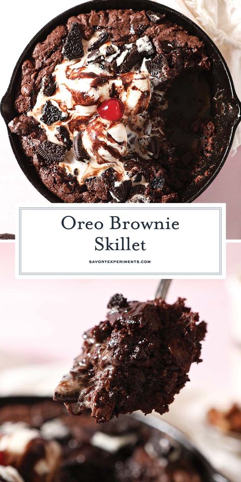 Ready in less than 45 minutes, this rich, impressive Oreo Skillet Brownie is perfect for sharing! Top with your favorite toppings, too! Skillet Brownie Recipe, Brownie Skillet, Blondie Recipes, Skillet Cookies, Homemade Brownie Mix, Skillet Brownie, Fabulous Desserts, Iron Recipes, Oreo Brownies