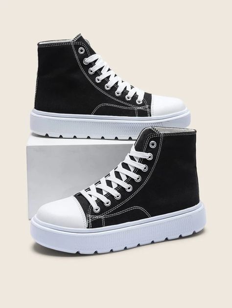 Lace-up Front High Top Skate Shoes | SHEIN USA Shein Shoes, Women Casual Shoes, Sporty Sneakers, Cute Sneakers, Aesthetic Shoes, Swag Shoes, Pretty Shoes, Black Sneakers, High Top Shoes