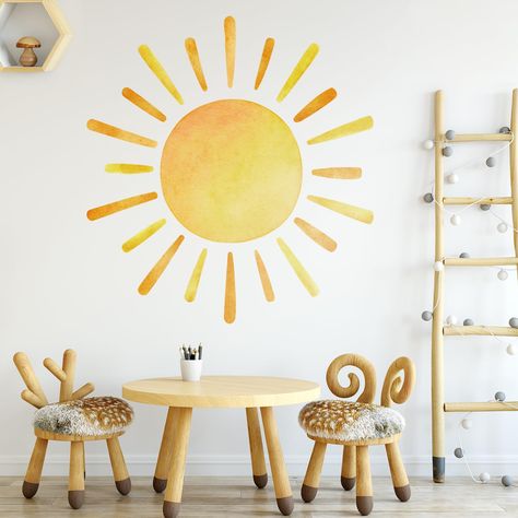 PRICES MAY VARY. 🔆【Sun Wall Decal Size】Finish size of boho sun decals on wall: 41.7” X 39.8”. To facilitate installation, we cut the decal into 2 PCS. Please align the sun center line to make a full mural. 🔆【Adorable Design】Sun Wall Decal features an artistic, painted sunshine design that's a perfect fit for classrooms, daycares, nurseries and bedrooms.This Sun Wall Decal comes in a variety of sizes to help you add some sunshine to any space. 🔆【Reliable Quality】this boho sun wall decal is mad Sunshine Wall Art, Yellow Sunshine, Playroom Nursery, Watercolor Boho, Boho Sun, Stil Boho, Wall Decor Decals, Bilik Tidur, Removable Wall Stickers