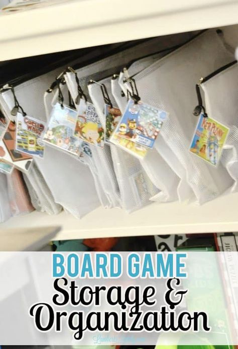 This post shows ideas for board game storage & organization, including using storage bags to file games on a cabinet shelf and the best solutions to save space without a game box. Game Storage Bags, K'nex Storage Ideas, Board Game Storage Bags, Game Cabinet Organization, Coloring Book Storage Ideas, Game Organization Ideas, Board Game Storage Ideas, Family Room Organization, Coloring Book Storage