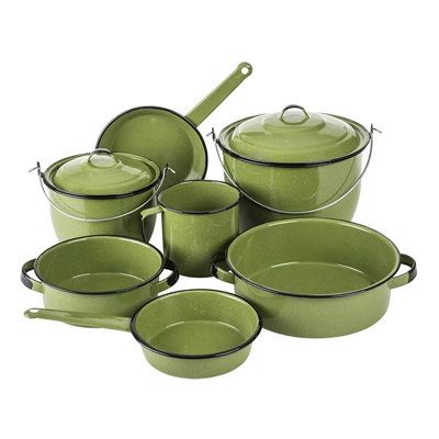 9PC HUASTECA COOKWARE SET | Linen Universe Huasteca - Piece Enamelware Cookware Set in Green | 9 | Wayfair Copper Cookware Set, Funky Lamps, Enamel Cookware, Seasoning Cast Iron, Kitchen Mood Board, Copper Cookware, Cooking Pan, Enameled Cast Iron, Cookware Sets