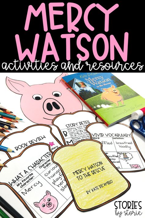 The Mercy Watson book series by Kate DiCamillo is a set of books that are perfect for first and second grade readers who are just getting started with chapter books. The series centers around Mercy, a porcine wonder who loves hot buttered toast. Each story features a new adventure with Mercy in the middle of it all. Whether you are reading these chapter books aloud to your class or using them with your small groups, here are some activities and resources you can use with your students. Second Grade Novel Study, Author Studies For First Grade, First Grade Books And Activities, Mercy Watson Activities, 2nd Grade Books, First Grade Books, Kate Dicamillo, Summer Book Club, Character Words