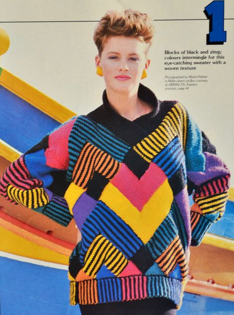 Vintage 1980s Colour Block Sweater Knitting Pattern- Handknitting News, February 1985 #vintage #vintageknitting #1980s #knitting #knittingpattern #knit #80s 1980s Knitting Patterns, 80s Knitwear, Kiosk Ideas, Eighties Fashion, Colour Block Sweater, 80s Pattern, Jumper And Jeans, 90s Pattern, 80's Fashion