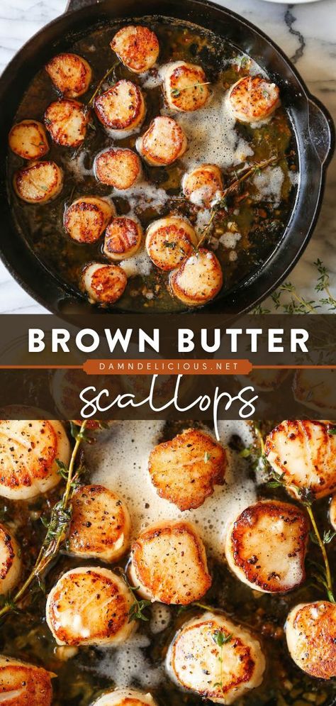 Brown Butter Scallops, Baked Brisket, Butter Scallops, Fish Dinners, Parmesan Risotto, Seared Scallops, Healthiest Seafood, Easy Seafood, Scallop Recipes