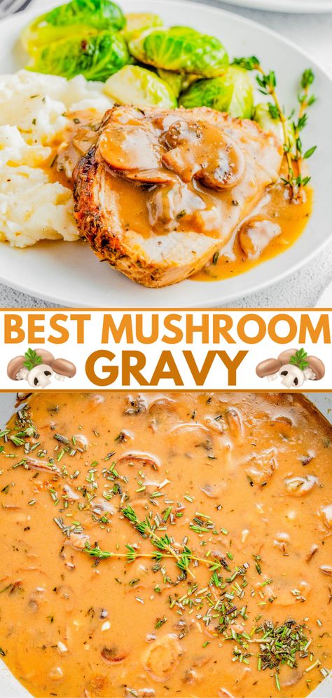 Mushroom Gravy - A rich, hearty, and very flavorful gravy recipe to perfectly complement your favorite dishes and holiday recipes! Made with mushrooms, onions, and butter for maximum comfort food flavor! An EASY gravy recipe that will impress everyone at your next Thanksgiving, Christmas, or special family gathering! Easy Gravy Recipe, Easy Holiday Side Dishes, Mushroom Gravy Recipe, Homemade Stuffing, Mushroom Gravy, Gravy Recipe, Holiday Side Dishes, Bean Casserole, Gravy Recipes