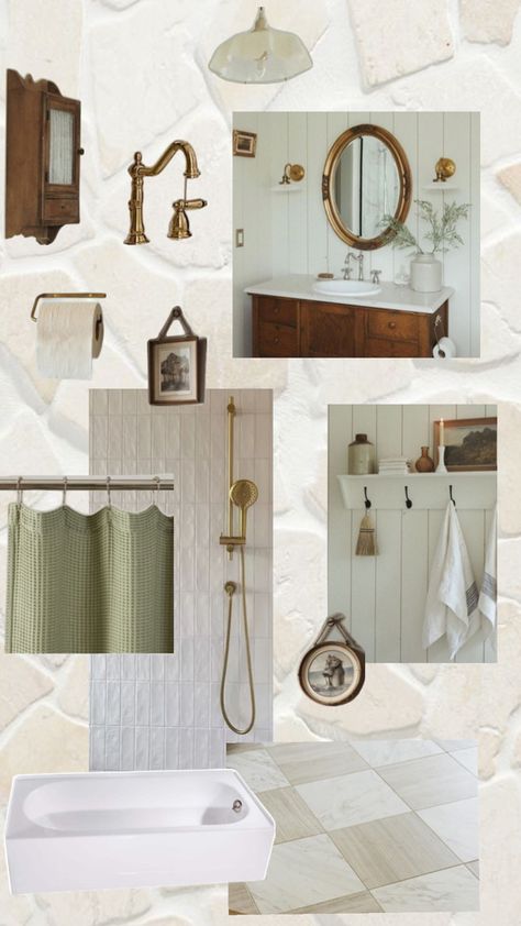 cozy, earth tones, cottage style bathroom renovation with woods, white porcelain, checkered floors, vintage style lighting and brass hardware Bathroom With Tan Tile, Bathroom Mirror Inspiration, Tan Tile, Cottage Style Bathrooms, Checkered Floor, Closet And Bathroom, Cottage Bathroom, Floor Bathroom, Bathroom Redesign