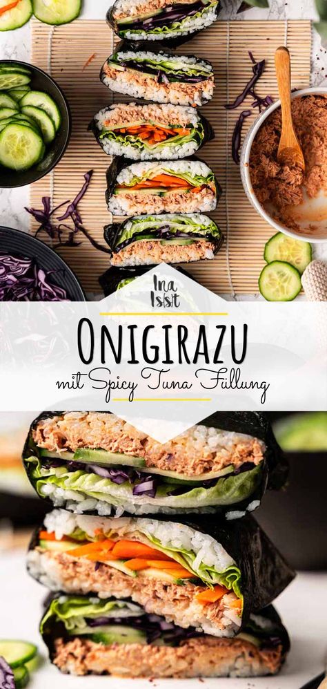 Sushi für Faule - eine einfache und schnelle Variante für Sushi sind diese leckeren Onigirazu. Sushi Sandwiches mit Spicy Tuna Füllung. #onigirazu #tuna #sandwich #sushi #homemade #thunfisch #sushisandwich Sushi Meal Prep, Sushi Lunch Box Ideas, Tuna Onigirazu, Sushi Alternative, Sushi Sandwiches, Sandwich Sushi, Sushi Homemade, Spicy Tuna Sushi, Sushi Wrap