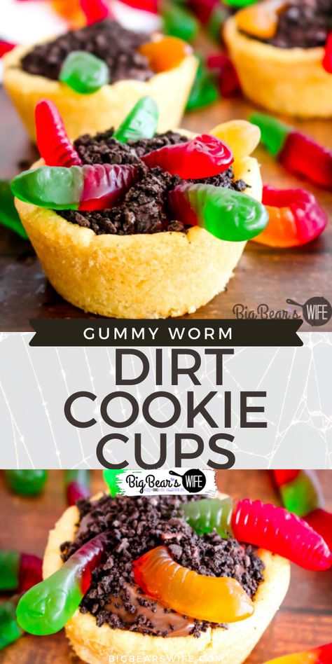 Take that classic Halloween dirt cake and turn it into fun Gummy Worm Dirt Cookie Cups with fresh baked homemade sugar cookie cups and chocolate pudding! Chocolate Halloween Desserts, Halloween Dirt Cake, Dirt Cookies, Halloween Dirt, Dirt Dessert, Snack Pack Pudding, Pie Cups, Sugar Cookie Cups, Gummy Worm