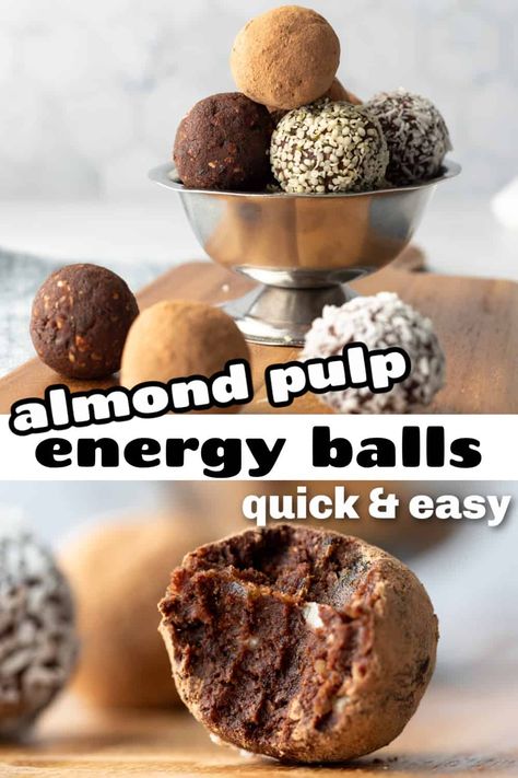 Not sure what to do with almond pulp after making almond milk? These quick and easy almond pulp energy balls are the answer! They're rich, chocolatey, nutritious, and the perfect on-the-go snack. Only 7 ingredients and ready in minutes. Vegan Cookie Dough Bites, Making Almond Milk, Almond Pulp Recipes, Pulp Recipe, Almond Milk Yogurt, Make Almond Milk, Almond Milk Recipes, Energy Ball Recipe, Homemade Almond Milk