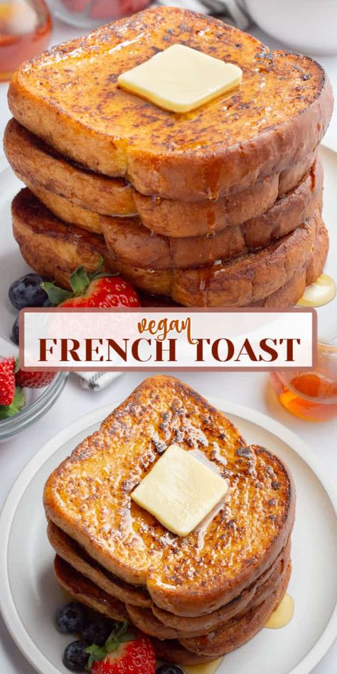 Vegan French toast is a classic weekend breakfast. Slices of thick-cut bread are dipped in a cinnamon batter, pan fried until browned and crispy, then drizzled in maple syrup. It’s sure to become a family favorite breakfast. French Toast Recipe Vegan, Vegan Cinnamon Toast, Eggless Christmas Breakfast Ideas, No Egg French Toast Recipes, Vegetarian French Toast, Non Dairy Recipes Breakfast, Vegan Friendly Breakfast, Vegan Banana Breakfast Recipes, Protein Packed Vegan Breakfast