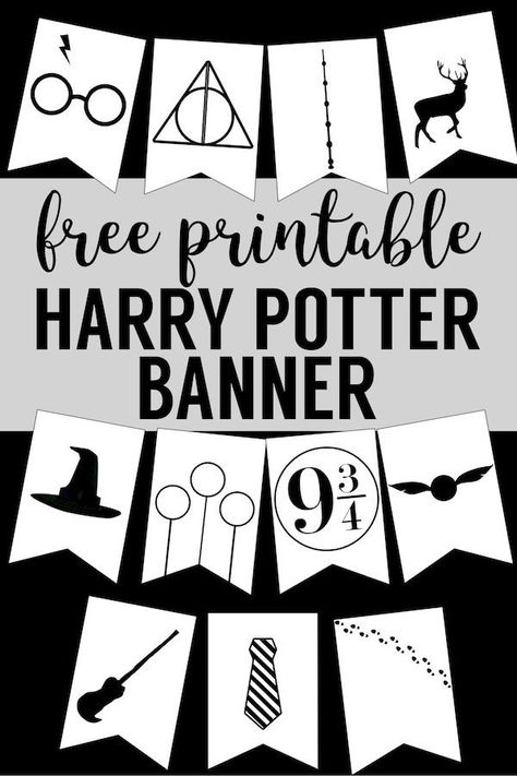 Harry Potter Banner Free Printable Decor. Harry Potter Hogwarts icon banner for party decor , bedroom decor or birthday party decorations. #papertraildesign #harrypotterparty #harrypotterbirthday #harrypotterprintables Pin The Scar On Harry Potter Printable, Harry Potter Motto Party, Harry Potter Weihnachten, Imprimibles Harry Potter Gratis, Baby Harry Potter, Harry Potter Banner, Harry Potter Birthday Party Ideas, Fanfiction Recommendations, Harry Potter Party Decorations