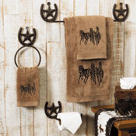 Running Horse Towel Set Rustic Bathroom Hardware, Rustic Towel Bar, Horse Bathroom, Western Bathrooms, Western Bathroom Decor, Western Bathroom, Western Bedroom, Black Forest Decor, Decorating Bathroom