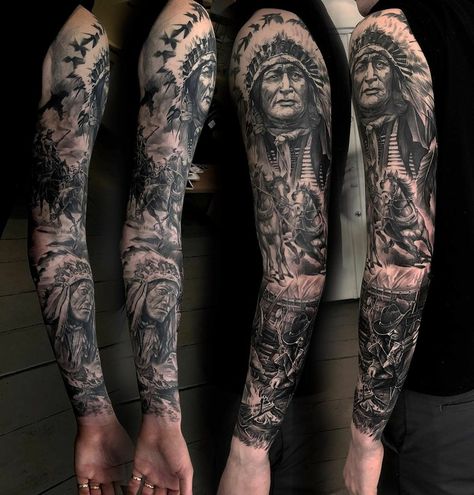 Cowboy And Indian Tattoo Sleeve, Indian Warrior Tattoo For Men, Old Western Tattoo Sleeve, Native American Tattoos Sleeve Men, Indian Tattoo Design For Men, Native Warrior Tattoo, Native Tattoo For Men, American Indian Tattoos For Men, Native American Leg Sleeve