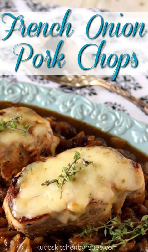 Everything you love about French onion soup, but with more to sink your teeth into. This recipe is always a winner and is super simplet to make!  #frenchonionporkchops #porkchoprecipe #easyporkchoprecipe #frenchonionsoup #caramelizedonions #familyfavoriterecipe #kudoskitchenbyrenee #easyfamilydinner #skilletdinner #popularporkchoprecipe Onion Pork Chops, French Onion Pork Chops, Easy Pork Chops, Pork Chop Recipes Baked, Easy Pork Chop Recipes, Pork Chop Dinner, Seafood Appetizers, Boneless Pork Chops, Chops Recipe