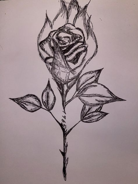 Rose On Fire, Fire Drawing, Black And White Drawing, White Art, Drawing Reference, Skull Tattoo, Humanoid Sketch, Black And White, Tattoos