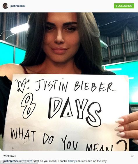 Evidence: Last Thursday, with eight days to go to the release of his new single, Justin shard a snap of Deli holding a countdown sign - but tellingly hers had an added little love heart doodle in the top left corner La Girl Aesthetic, Xenia Deli, Justin Bieber News, Countdown Sign, Heart Doodle, Chainsmokers, Steven Tyler, Bebe Rexha, What Do You Mean