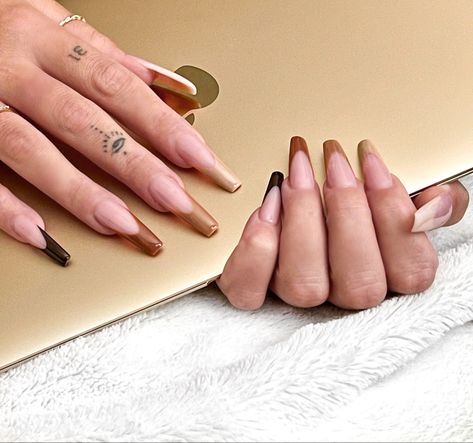 Nails Acrylic Coffin Brown Color, Coffin Brown French Tip Nails, Tan French Tip Nails Coffin, Dark Brown Nails Acrylic Coffin Long, Earthy Acrylic Nails, Neutral Brown Nails Acrylic Coffin Long, Solar Nails, Brown Ombre, Nails Only