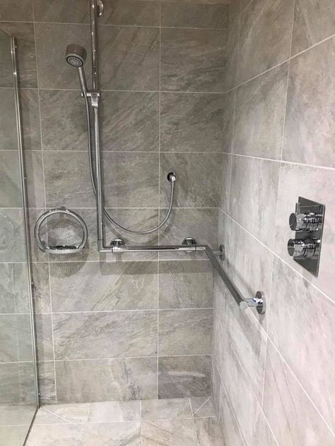 Keuco Plan rail system is perfect for giving stability and safety in the shower but still looks elegant. Grab Rails Bathroom, Bathroom Safety Bars, Shower Grab Bar Ideas, Small Bathroom Furniture, Grey Laundry, Grey Laundry Rooms, Accessible Design, House Upgrades, Walk In Shower Designs