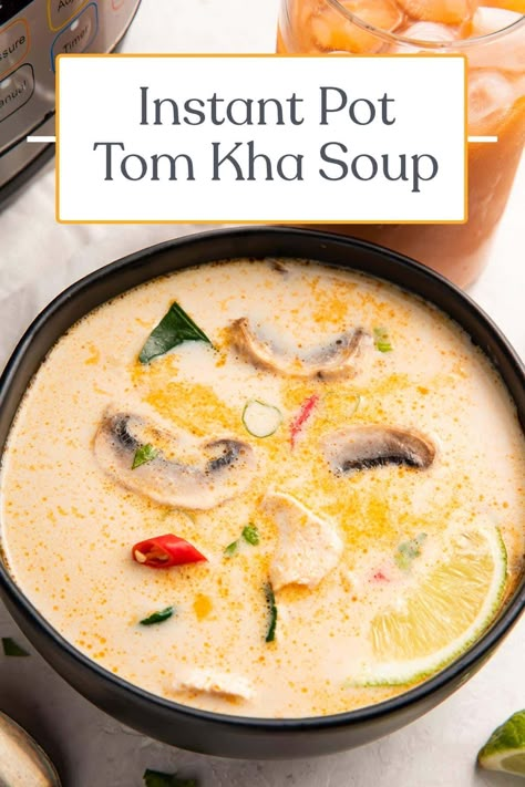 My best-ever tom kha soup recipe is already perfect, but it's even better when it's made in the Instant Pot! Rich, creamy, and full of incredible flavors, this Thai coconut chicken soup recipe is easy and delicious. Easily make it Whole30, paleo, or vegan, too. Low Gi Soup, Instant Pot Thai Soup, Thom Kha Soup, Tom Kha Soup Recipe, Tom Kha Gai Soup, Thai Soup Recipes, Tom Kha Soup, Chicken Coconut Soup, Coconut Chicken Soup