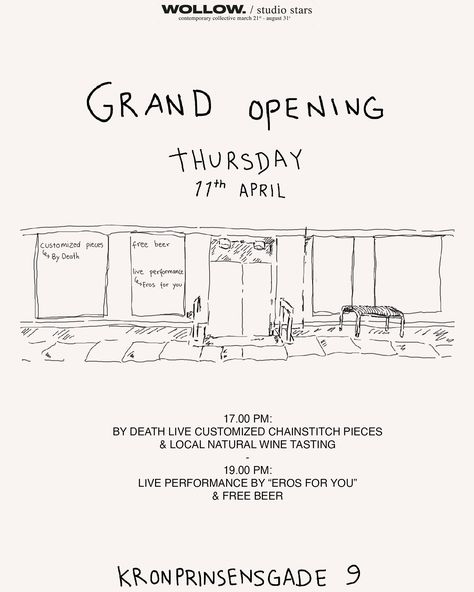 This Thursday we will be celebrating the Grand Opening of our Contemporary Collective space together with @wollow_official Join us and bring your friends! Free beers and live set by @_________eros @_bydeath is bringing their massive chain stitch machine and will customized 8 exclusive pair of WOLLOW in the store along few other exclusive pieces. Natural Wine by @vinmeddans Store Grand Opening, Free Beer, Live Set, Key Visual, Natural Wine, Chain Stitch, The Store, Grand Opening, Concept Store