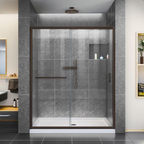 DreamLine Infinity-Z 56 to 60 in. x 72 in. H Semi-Frameless Sliding Shower Door in Oil Rubbed Bronze Bronze Shower Door, Clear Shower Door, Oil Rubbed Bronze Shower, Semi Frameless Shower Doors, Shower Stalls, Frameless Sliding Shower Doors, Tub Doors, Frameless Shower Doors, Shower Base