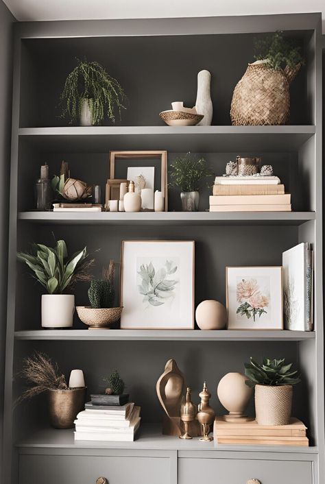 Decorate Shelves In Living Room, Shelf Styling Living Room, Bookshelves Display, Earthy Interior, Interior 2024, Grey And Brown Living Room, Bookcase Ideas, Decor Shelves, Uk House