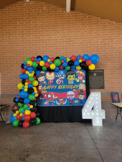 Avengers Balloon garland with red, green, blue, yellow, and black balloons for a 4th birthday party Green Black Balloon Garland, Black Balloon Garland, 4th Birthday Party, Yellow Balloons, Black Balloons, Red Balloon, 4th Birthday Parties, Red Blue Green, Balloon Garland