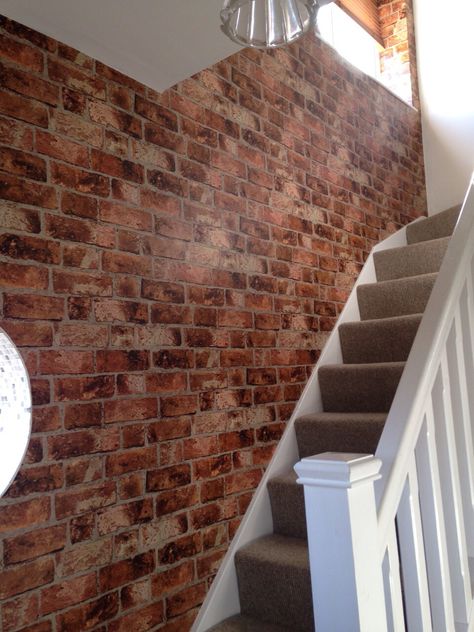 Brick wallpaper stairway project Brick Wallpaper Staircase, Exposed Brick Staircase, Staircase Brick Wall Design, Brick Wall Staircase, Wallpaper Stairway, Exposed Staircase, Staircase Bookshelf, 3d Brick Wall Panels, Wallpaper Staircase