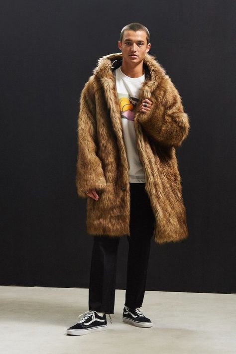 Urban Outfitters UO Hooded Long Faux Fur Coat Long Coat Outfits, Fur Coat Street Style, Long Coat Outfit, Fur Coat Men, Fur Coat Outfit, Mens Fur Coat, Long Coat Men, Long Fur Coat, Long Faux Fur Coat