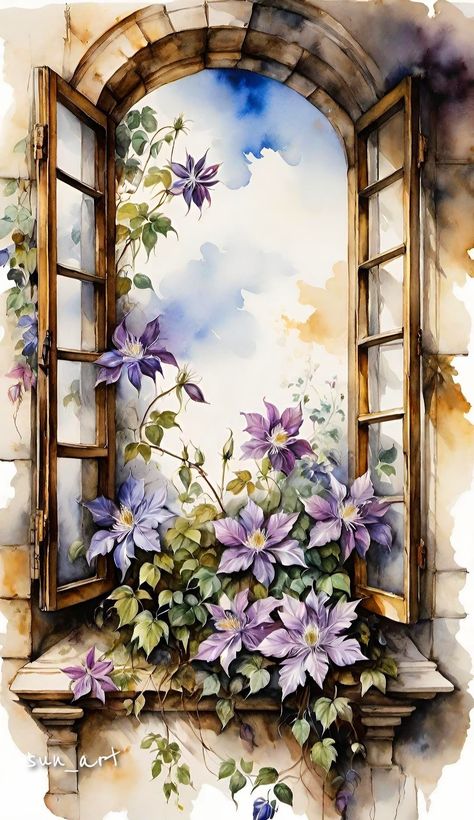 Window Watercolor, Window Doors, Greece Painting, Clip Art Frames Borders, Window Mural, Fall Clip Art, Window Drawing, Watercolor Architecture, Flower Window