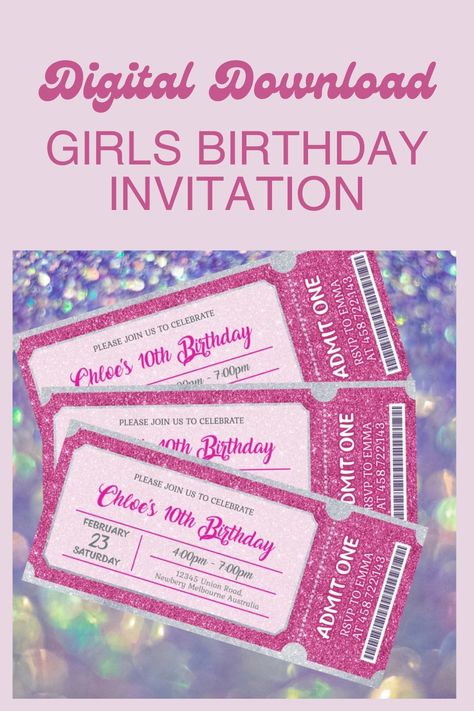 🎉✨ Get the party started with our editable pink glitter birthday invitations! 💌💕 Whether you're throwing a lavish event or a small get-together, our ticket-style invitations are perfect for any birthday celebration. ✨🎈 Simply edit, download, and print instantly for a hassle-free party planning experience! 📲💖✨ Ready to make a sparkly statement? Check out our website now! 💻🙌 #PartyPlanningHelp #BirthdayInvitations #EditableInvitations #PrintableInvitations #GlitterInvitations Concert Ticket Party Invitation, Ticket Invitation Birthday Templates, Ticket Style Invitation, Disneyland Ticket Invitation, Pink Glitter Birthday, Hot Pink Glitter Invitation, Pink Glitter Invitations, Pink Tickets, Fairy Invitations