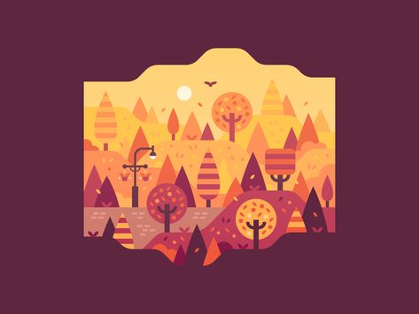 Fall park dribbble alex pasquarella 4x Autumn Landscape Drawing, Alex Pasquarella, Fall Illustration, Forest Fall, Flat Art, Geometric Illustration, Park Forest, European City, Paint Nite