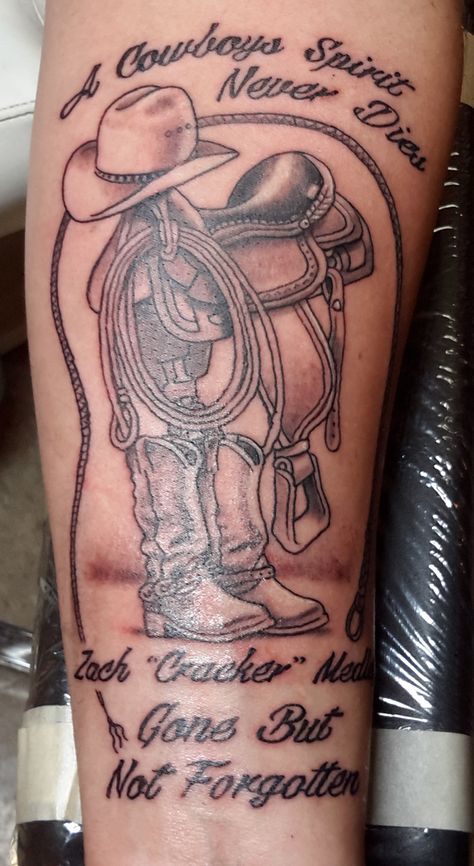 Memorial tattoo by Me. new St. Patrick casting the snakes out tattoo by me, Joshua Mason. #joshuamason#joshmason#modernagetattoo#kreepykentucky#blackandgrey#blackandgreytattoo#tattoo#silverbackstupidblack#tattooart#cowboytattoo Horseshoe Tattoos Men, Rip Cowboy Tattoo, Cowboy Memorial Tattoo, Western Memorial Tattoos, Memorial Horse Tattoo, Cowboy Tattoo For Women, Farmer Tattoo, Cowgirl Tattoo, State Tattoos