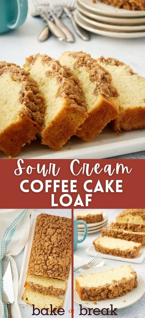 This Sour Cream Coffee Cake Loaf satisfies your coffee cake cravings while baking on a small scale. It bakes in a loaf pan for a nicely sized cake that’s perfect for sharing or for grabbing a bite pretty much every time you walk by it. Coffee Cake Loaf, Cake Cravings, Homemade Coffee Cake, Cake Loaf, Sour Cream Coffee Cake, Sour Cream Cake, Homemade Muffins, Leftover Cake, Coffee Cake Recipes