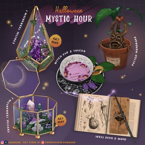 October 2023 Set (1) - Halloween Mystic Hour | Patreon Sims 4 Witch Patreon, Sims Witchy Cc, The Sims 4 Cc Crystals, Magical Sims 4 Cc, Sims 4 Cc Witchcraft, Sims 4 Cc Terrarium, Sims 4 Ceiling Decor Cc, Sims 4 Witch Decor Cc, Ts4 Crystal Cc