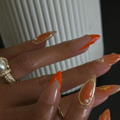 Orang And Gold Nails, Gold Orange Nails, Orange Nails Simple, Gold And Orange Nails, Tulum Nails, Leo Season Nails, Orange Gold Nails, Summer Gel X Nails, Gel Nails Orange