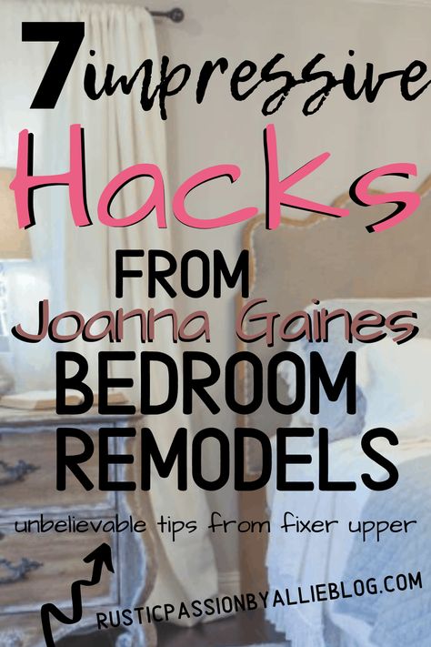 Magnolia homes are the dream design style. And these 7 decor hacks will help you design just like Joanna Gaines so you can create your own fixer upper. If you are inspired by before and after remodels and hgtv renos you will love this post full of master bedroom decor ideas. You'll see farmhouse bedding, rustic bed, accent chairs, and neutral home decor. I love the mixture of country and shabby chic design. You can find the perfect DIY hacks here. #joannagaines #fixerupper #bedroomremodel #decor Joanna Gaines Bedding, Magnolia Homes Bedroom, Joanna Gaines Style Decorating, Rustic Country Bedrooms, Joanna Gaines Bedroom, Fixer Upper Bedrooms, Joanna Gaines Design, Affordable Farmhouse Decor, Joanna Gaines Farmhouse