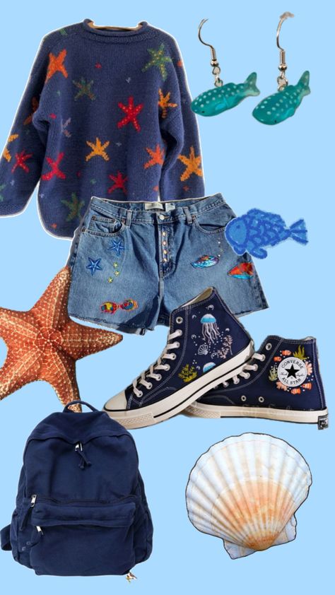 #outfit #aesthetic #ocean #fish #cute Cute Ocean Outfits, Ocean Themed Clothes Aesthetic, Fish Aesthetic Outfit, Ocean Clothing Aesthetic, Ocean Grunge Aesthetic Outfits, Sea Creature Outfit, Fishcore Outfit, Ocean Theme Outfit, Aquarium Aesthetic Outfit