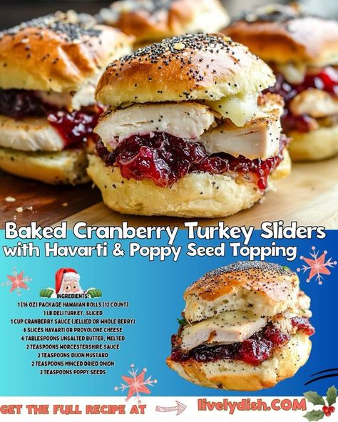 ￼  Baked Cranberry Turkey Sliders with Havarti & Poppy Seed Topping 🦃🧀🍞 Ingredients: 1 (16 oz) package Hawaiian rolls (12 count) 1 lb deli turkey, sliced 1 cup cranberry sauce (jellied or whole berry) 6 slices Havarti or Provolone cheese 4 tablespoons unsalted butter, melted 2 teaspoons Worcestershire sauce 2 teaspoons Dijon mustard 2 teaspoons minced dried onion 2 teaspoons poppy seeds 2 teaspoons fresh minced chives Instructions: Preheat the Oven Preheat your oven to 350°F (175°C). Lightly coat a 9x13-inch baking dish with nonstick cooking spray. Assemble the Sliders Slice the entire package of Hawaiian rolls in half horizontally. Place the bottom half of the rolls in the prepared baking dish. Layer the sliced turkey evenly over the bottom half of the rolls. Spread the cranberry sauce Baked Cranberry Turkey Sliders, Cranberry Dessert Recipes Thanksgiving, Christmas Sliders, Cranberry Sliders, Turkey And Cranberry, Cranberry Turkey, Turkey Sliders, Friendsgiving Food, Slider Sandwiches