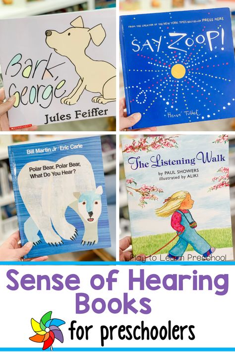 These books are great to include in a preschool theme on the five senses. These picture books are perfect for preschoolers to practice their sense of hearing in the classroom. #fivesenses #preschoolactivities #senseofhearing Hearing Lessons Preschool, Sight Preschool Activities Sense Of, Sense Of Hearing Activities Preschool, Songs About 5 Senses Preschool, Senses Books For Preschool, Ckla Kindergarten Five Senses, Sense Of Hearing, Books For Five Senses, 5 Senses Preschool