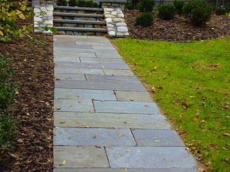 bluestone-walkway Slate Walkway, Bluestone Walkway, Bluestone Pavers, Wood Walkway, Small Yard Landscaping, Walkway Landscaping, Walkway Design, Brick Walkway, Outdoor Walkway