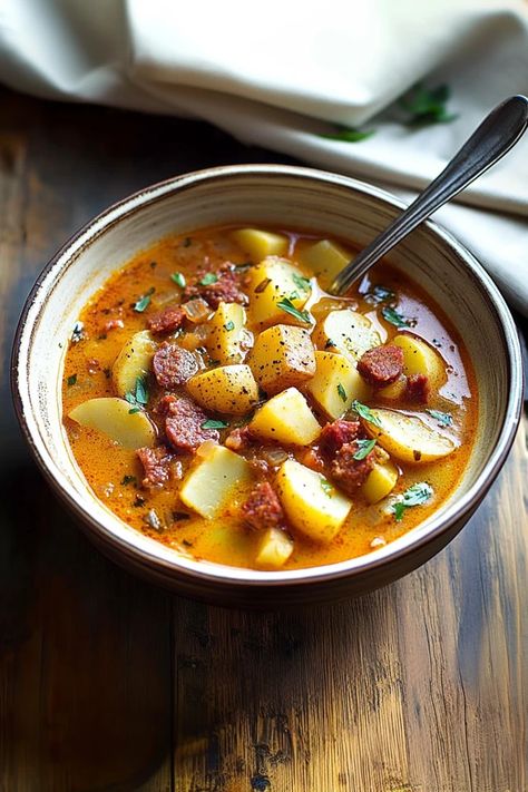 Warm, hearty, and bursting with the smoky flavors of chorizo, this Spanish potato soup is the ultimate comfort food for any day of the week. Perfect for cozy dinners or when you're craving something rich and flavorful. Hungry? Click for the full recipe #spanishrecipes #potatosoup #comfortfood #chorizorecipes #heartymeals #easyrecipes #souprecipe #homemademeals #dinnertime #spainflavors Spanish Potato Soup, Soup Chorizo, Soup With Chorizo, Chorizo Soup, Spanish Potatoes, Cozy Dinners, Chorizo Recipes, Winter Soup, Potato Soup Recipe