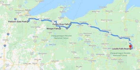 This waterfall road trip in Wisconsin spans 259 miles and will take about 5 hours to complete. Of course, that doesn’t account for the time you’ll spend at each waterfall. To alter the route, click <a href="https://www.google.com/maps/dir/Pattison State Park, Wisconsin 35, Superior, WI/Morgan Falls, Marengo, WI 54855/Copper Falls State Park, Copper Falls Road, Mellen, WI/Potato River Falls, Gurney, WI/Lasalle Falls Rd, Wisconsin/@46.2168995,-91.2638245,9z/data=!4m32!4m31!1m5!1m1!1s0x52ae42dd3a0f Pattison State Park Wisconsin, Copper Falls State Park Wisconsin, Wisconsin Waterfalls, Wisconsin Vacation, Copper Fall, Wisconsin State Parks, Exploring Wisconsin, Wisconsin Art, Travel Wisconsin