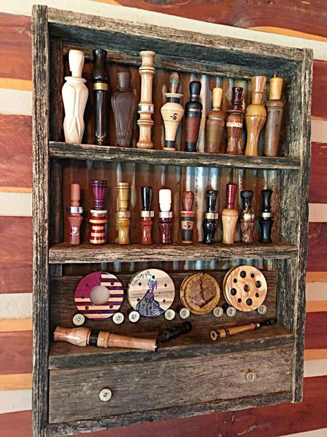 Duck Call Display, Hunting Gear Organization, Hunting Cabinet, Hunting Gear Storage, Hunting Themed Bedroom, Turkey Hunting Decor, Sawmill Projects, Hunting Storage, Hunting Man