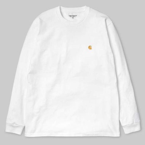 Carhartt - Long Sleeve Chase T Shirt White Gold - XL Carhartt Long Sleeve, Heritage Brands, Carhartt Mens, Embroidery Logo, Shirt White, White Long Sleeve, Combed Cotton, Got7, Long Sleeve Tshirt Men