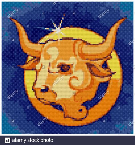 Download this stock image: Cute zodiac signs icon. Taurus. Illustration of cross stitch embroidery. Imitation of knitted canvas structure. Fabric decor, beautiful cross-stitch, - 2GE45RN from Alamy's library of millions of high resolution stock photos, illustrations and vectors. Cute Zodiac Signs, Taurus Illustration, Stitch Illustration, Cute Zodiac, Astrological Signs, Beautiful Cross Stitch, Beautiful Cross, Stitch Embroidery, Astrology Signs