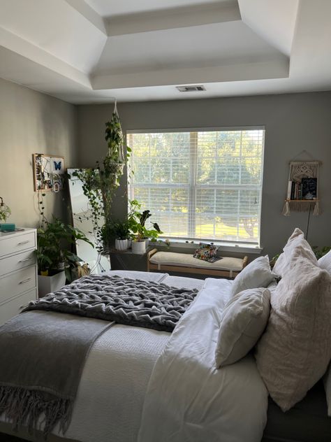 Gray Bedroom With Plants, Grey Bedroom Plants, Grey And Plant Bedroom, Clean Room Aesthetic White And Grey, Clean Room With Plants, White Bedroom With Plants Aesthetic, Aesthetic Plant Room Ideas, Bed Rooms Ideas Green, Grey Room With Plants