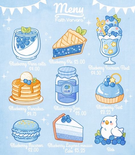 More blue menu illustration , If you didn’t know my favourite colour is blue!🌊 Faith Varvara, Seni Resin, Blue Menu, Menu Illustration, Hiasan Bilik Tidur, 귀여운 음식 그림, Desain Buklet, Haiwan Lucu, Pola Kartu