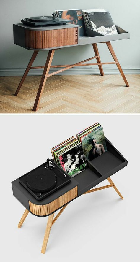 Turntable Table Ideas, Furniture For Turntable, Record Player Console Table, Record Player Display Ideas, Turn Table Setup, Music Furniture Design, Vinyl Display Ideas, Turn Table Stand, Magazine Storage Ideas